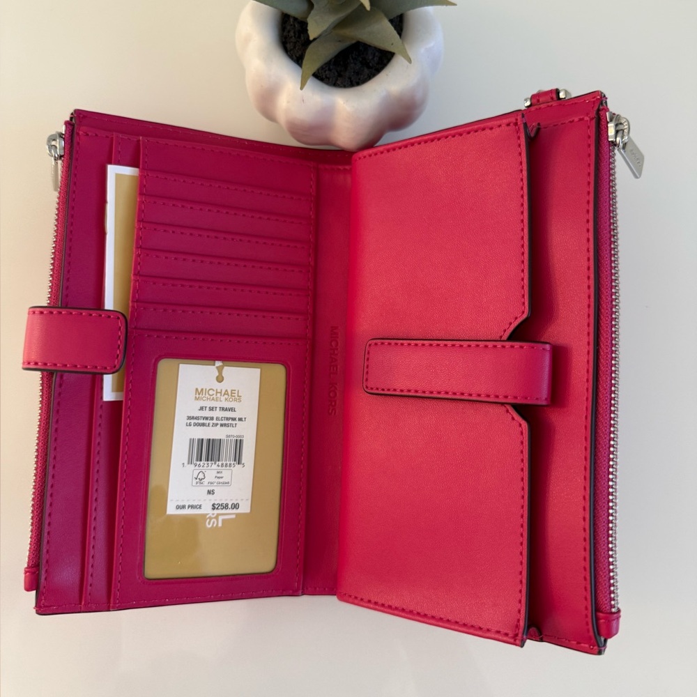 Michael Kors Jet Set Double Zip Wristlet / Wallet Electric Pink Multi NWT - Picture 3 of 6